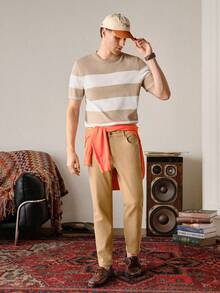 VeloEdit Khaki Herren-Jeans mit schrägen Taschen, einfarbig, schlicht, Slim Fit, gewaschen, Cargo-Denim, für Ausgehen, Urlaub, Pendeln und Arbeit, urbaner Chino-Stil, Old Money, mit Reißverschluss - Khaki - Übersicht 4