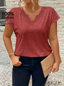 SHEIN Frenchy Summer Lace Splicing Vacation Plus Size V-Neck Tee With Cut-Out Details - Watermelon Pink - View 7