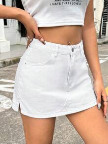 SHEIN ICON 女士休闲百搭日常牛仔短裙裤，带口袋 - 白色 - 查看 6