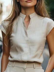 EMERY ROSE 大码女式纯色V领短袖休闲衬衫 - 卡其色 - 查看 3