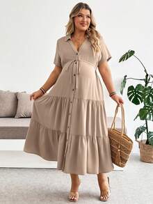 SHEIN 孕妇加大码纯色短袖单排扣衬衫裙 - 卡其色 - 查看 4
