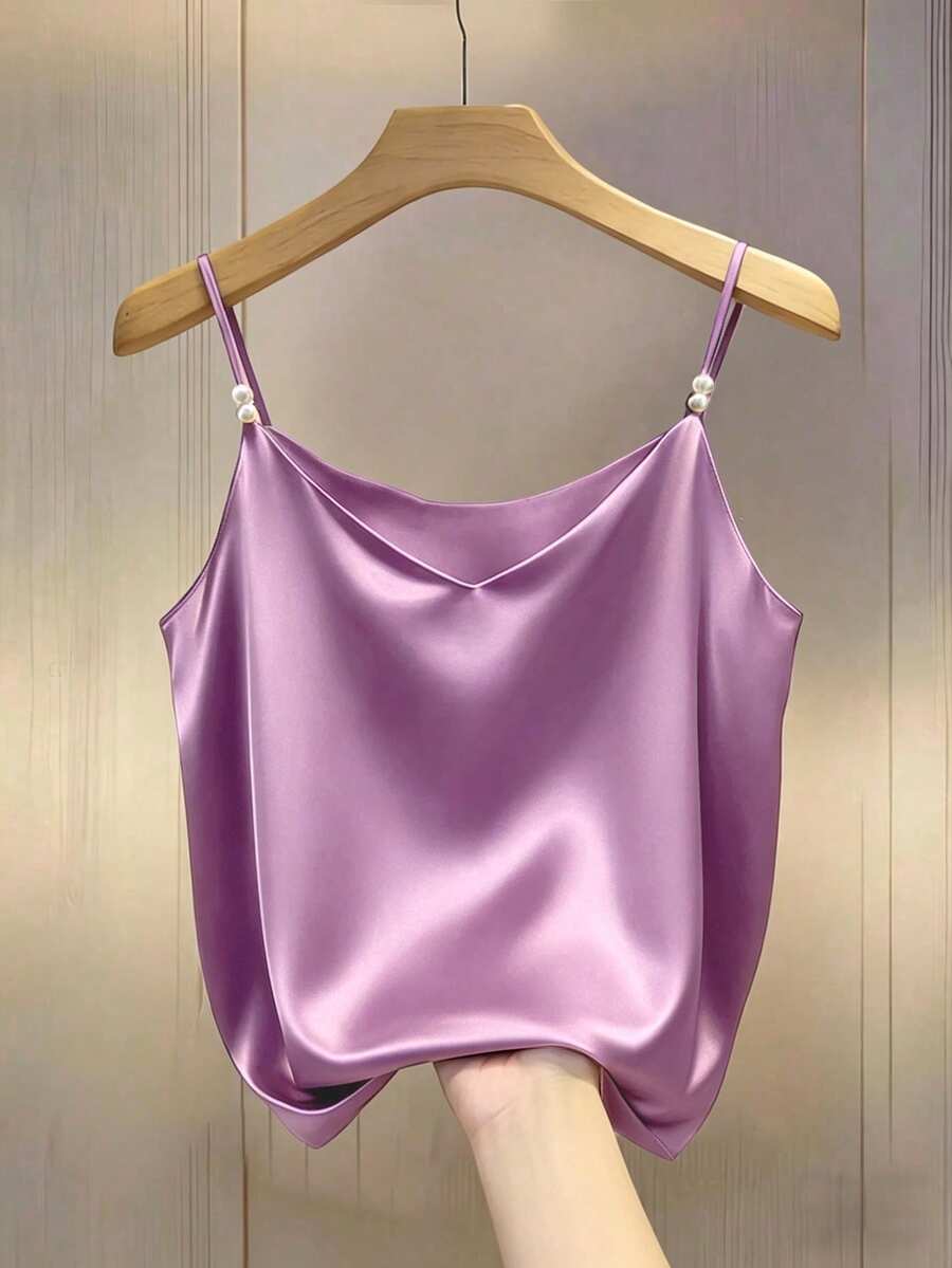 GlowEve Elegant Commuter Delicate French V-Neck Satin Camisole With Pearl Decor, Suitable As Layering Piece For Women - Purple - View 1