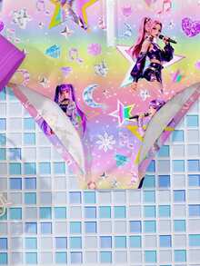 SHEIN K-Pop 女团卡通女孩泳装，亮紫色，K-Pop 超级明星卡通女团泳装，适合年轻女孩的休闲简约圆领长袖连体泳衣 - 彩色 - 查看 4