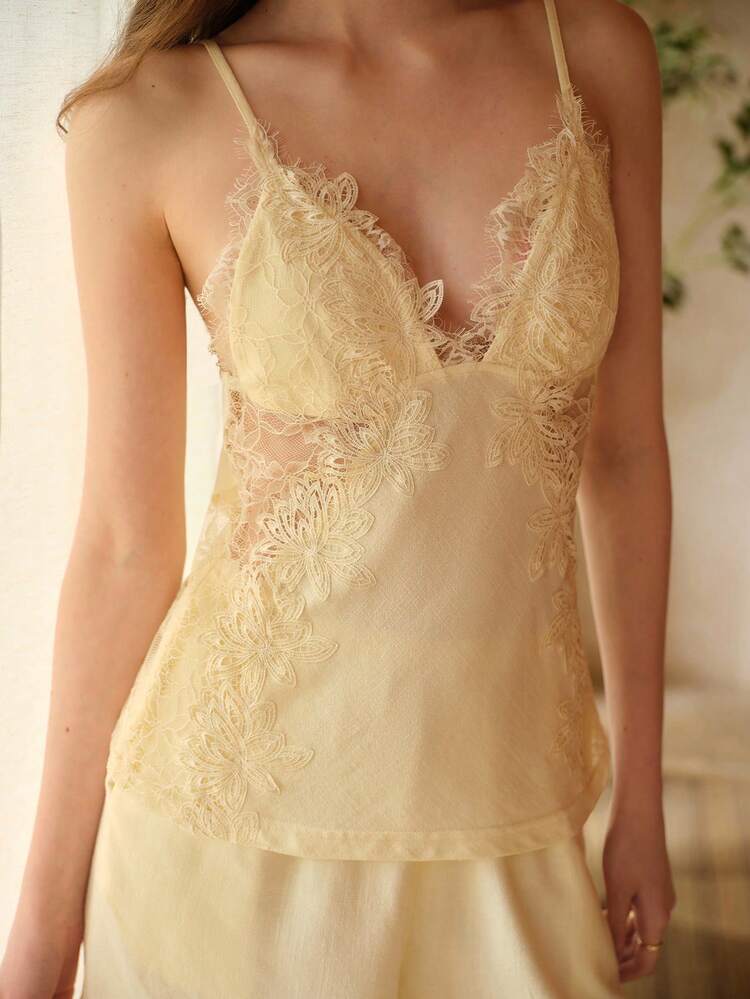 LACE PATCHWORK CAMISOLE TOP AND SHORTS PAJAMA SET, SPRING/SUMMER