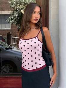 MainGRL Summer Polka Dot Print Contrast Trim Women Fitted Camisole Top, Cute Casual Suitable For Daily Wear Everyday Pink Polka Dot - Pink - View 5