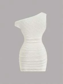 Sweetra Plus Size White Summer Elegant Party Y2K Asymmetrical Shoulder Texture Fabric Pleated Vacation Dress, Metal Buckle Decoration, Wedding, Daily - White - View 2