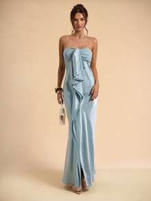 SHEIN BAE Đầm satin màu xanh trơn xếp ly, kiểu quây ngực, buộc dây, trang phục thanh lịch cho kỳ nghỉ hè, đám cưới trên bãi biển, tiệc brunch. - Màu xanh lam - Xem 4