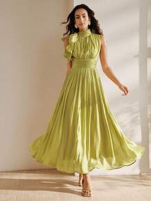 Anewsta Women's Long Dress, Spring/Autumn, Waist Ruched Shiny Elegant Versatile - Mustard Yellow - View 2