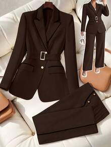 GlowEve CURVE Plus Size Women Patchwork Elegant Blazer + Straight Leg Pants, Commuter Outfit - Brown - View 1