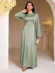 Al Najma Đầm dài tay cổ tròn phối ren tương phản kiểu Ả Rập thanh lịch dành cho nữ - màu xanh lá - Xem 3