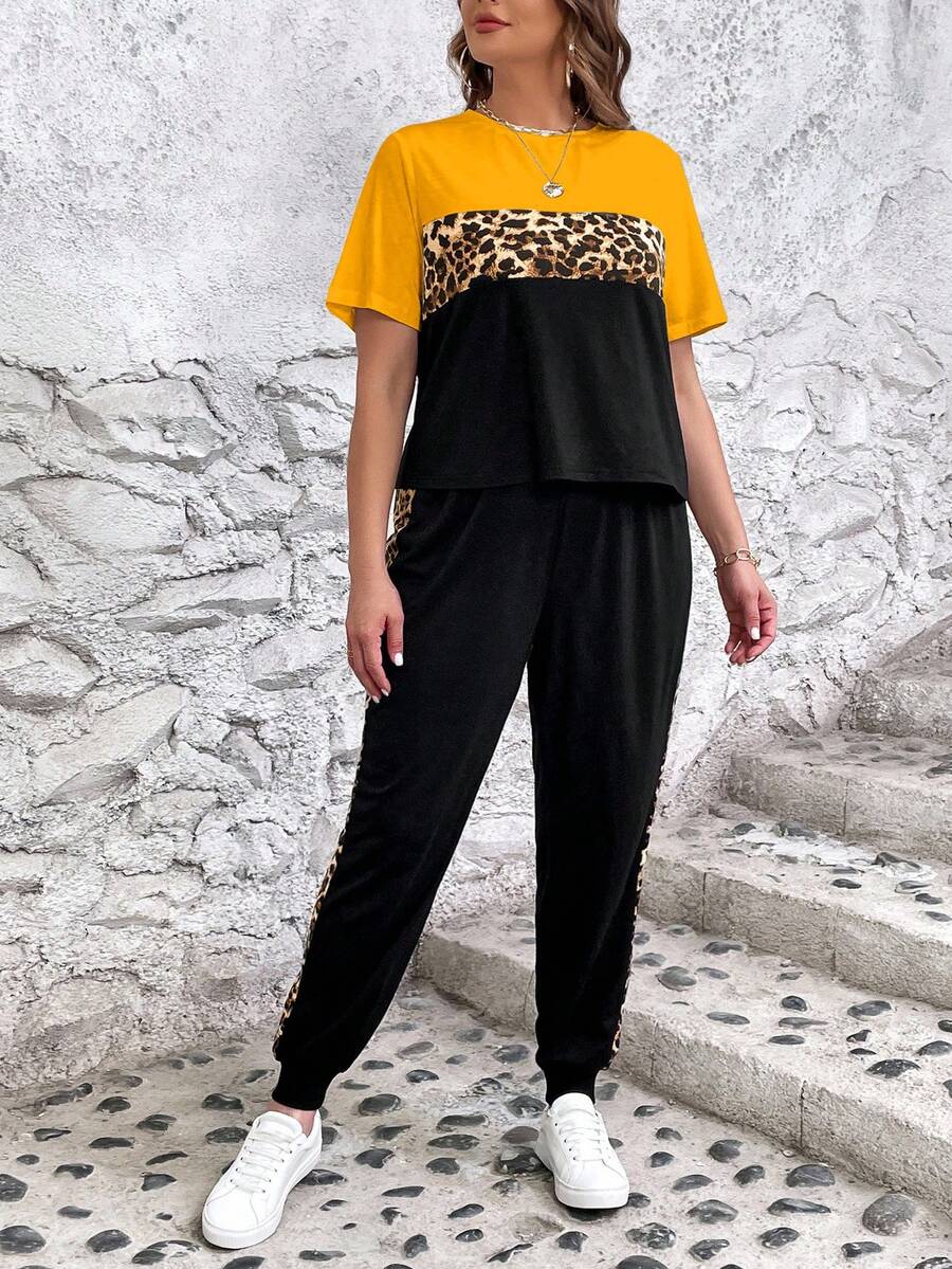 SHEIN LUNE Conjunto informal de 2 piezas de camiseta de manga corta y pantalones con estampado de leopardo y parches para mujer de talla grande - Multicolor - Ver 1