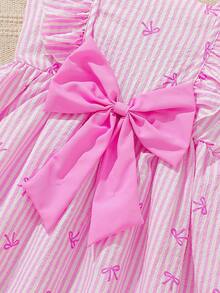SHEIN Vintaside Kids Đầm bé gái tay loe cổ vuông kẻ sọc dọc, điểm nhấn nơ 3D, họa tiết bướm khắp thân đầm, kiểu Pháp tươi tắn và ngọt ngào, dáng rộng thoải mái, thích hợp cho mùa hè. - Hồng - Xem 11