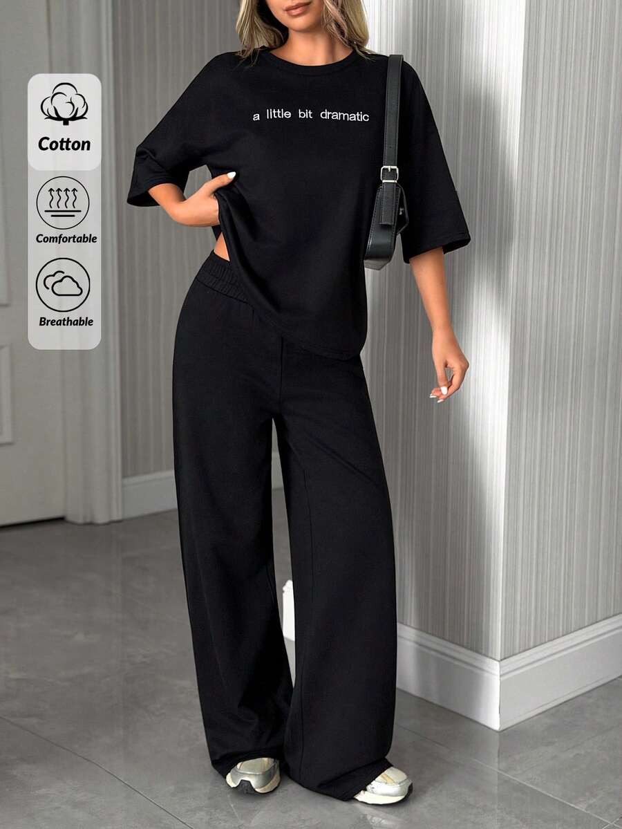 SHEIN 2 Pcs,Embroidery Minimal ''Los Angeles'' Inspired Cotton Street Casual Set - Black - View 1