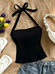 Trelyra Áo camisole ôm sát người dành cho nữ, kiểu dáng mới, họa tiết hoa 3D, dây mảnh, buộc lưng. - màu đen - Xem 3