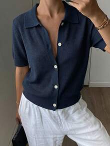 Livesso Women's Summer Polo Collar Short Sleeve Knit Top - Navy Blue - View 3