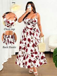 Vionelle 大码女士优雅印花前系蝴蝶结吊带长款沙滩连衣裙，适合海滩、度假、派对、约会、音乐节、春夏等场合，百搭设计 - 彩色 - 查看 1