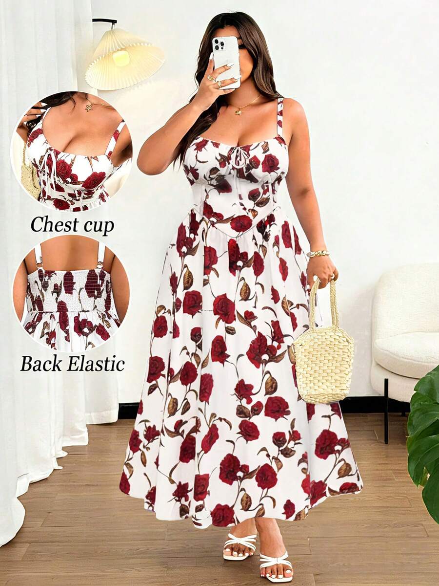 Vionelle 大码女士优雅印花前系蝴蝶结吊带长款沙滩连衣裙，适合海滩、度假、派对、约会、音乐节、春夏等场合，百搭设计 - 彩色 - 查看 1