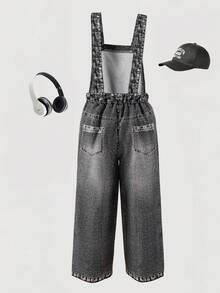 Young Girl' Woven Chain, Funny Rabbit & Letter Print Bib Pants, Fashionable Back-To-School Item, Personalized Jumpsuit For Spring, Summer, Autumn - Black - View 2