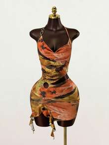 SaltGleam SaltGleam Women's Halter Tie-Up Color Block Ruched Hollow-Out Elegant Sexy Waist Gathering Party Club Dress Mustard Yellow Summer - Multicolor - View 6