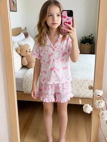 SHEIN Bộ đồ mặc nhà 2 món cho bé gái: áo khoác cardigan cổ bẻ và quần short đan họa tiết nơ. - Nhiều màu - Xem 3