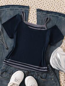SHEIN Kaos Lengan Pendek Motif Huruf dan Garis-Garis untuk Remaja Perempuan - Navy Blue - View 2