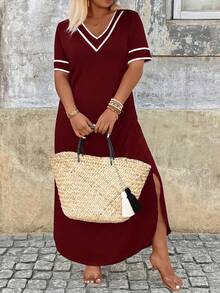 Breezaya Plus Size Women Striped V-Neck Short Sleeve Casual Dress - Burgundy - View 4