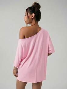 SHEIN ICON Camiseta de manga raglán de corte holgado y casual para mujer, de unicolor - Rosa - Ver 2