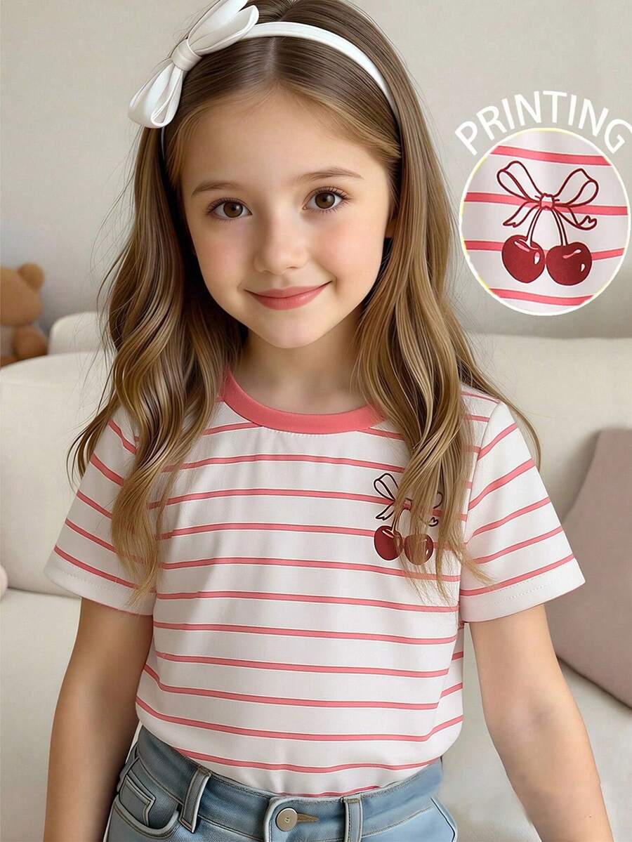 1 pieza Camiseta de manga corta con cuello redondo para niñas, primavera/verano - Multicolor - Ver 1