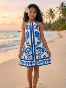 Vestido casual de tirantes con estampado floral azul para niña preadolescente - Azul - Ver 1