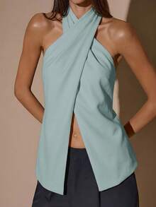 Blusa elegante de color café sólido con cuello halter sin espalda para mujer, top elegante, top con estilo de envoltura cruzada, otoño/invierno - verde menta - Ver 6