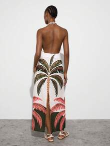 MAIJA Vacation Tropical Palm Print Halter Cutout Tie Front Midi Dress - Multicolor - View 2