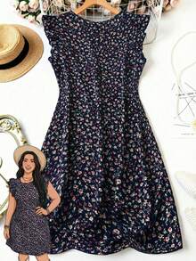 Rusticease Plus Size Women's Ditsy Floral Cap Sleeve Vacation Dress - Navy Blue - View 1