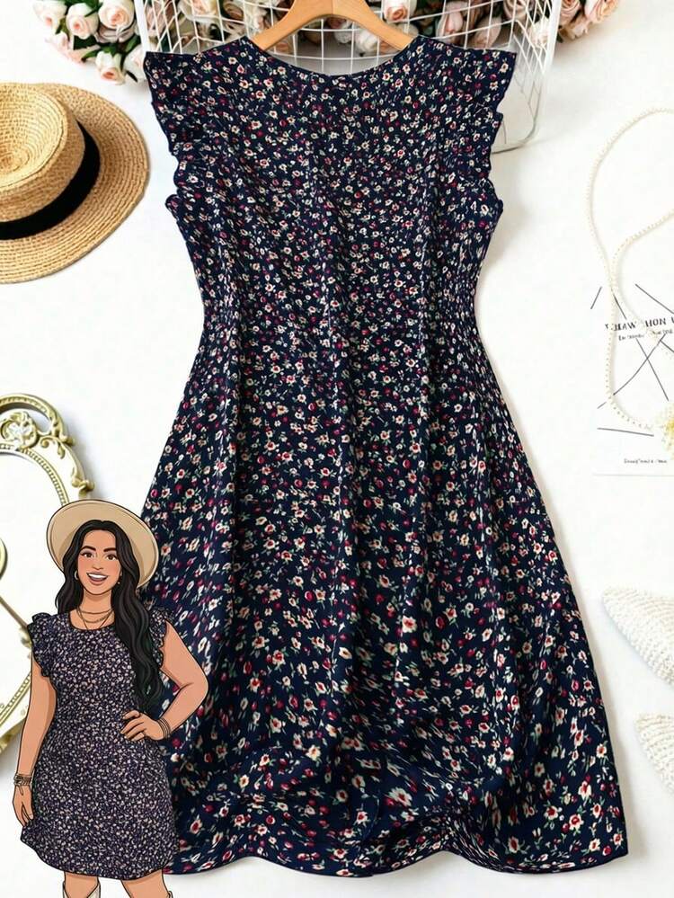 Plus Size Women's Ditsy Floral Cap Sleeve Vacation Dress