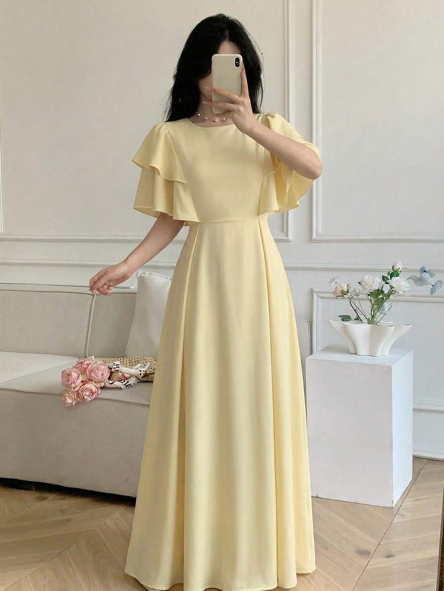 Celisse Round Neck Double Ruffle Sleeve Cinched Waist Back Zipper Long Dress For Women - Yellow - View 1