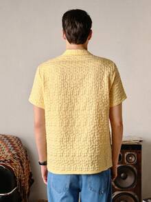 VeloEdit Men's Floral Textured Short Sleeve Single-Breasted Fashion Shirt Old Money, Plain Collar Yellow, With Rib-Knit & Button - Yellow - View 2