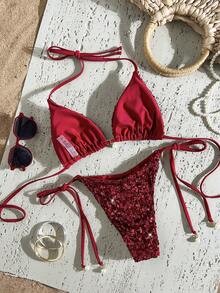 Costavie 两件式泳衣套装，采用闪亮纹理面料，珍珠装饰，挂脖三角胸罩上衣和侧系带泳裤，性感比基尼套装，适合春夏海滩度假 - 酒紅色 - 查看 2