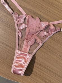 2pcs/Set Women's Floral Embroidery Mesh Sexy Lingerie Set - Coral Pink - View 5