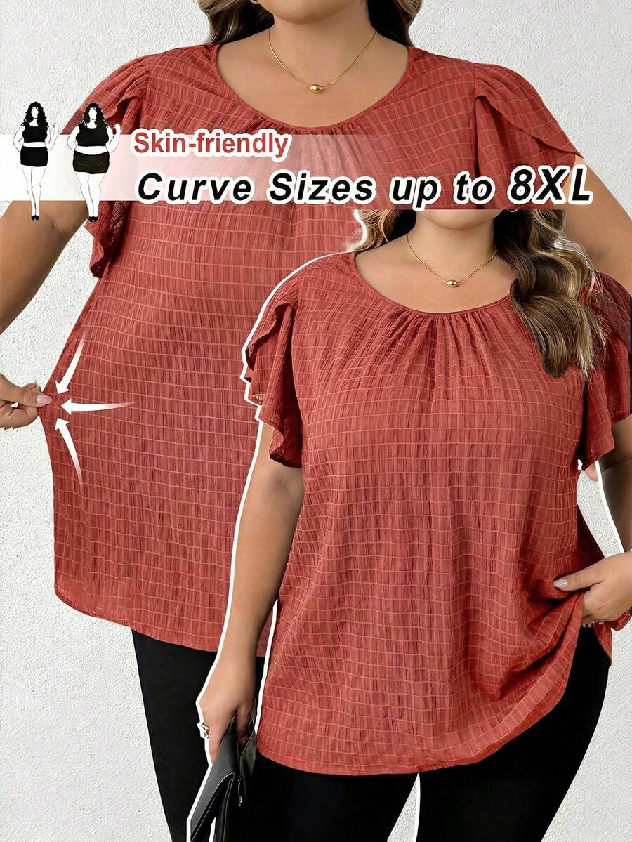 SHEIN CURVE+ 大码女式早春蓝色花瓣袖衬衫 - 鏽棕色 - 查看 1