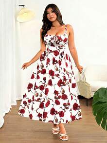 Vionelle 大码女士优雅印花前系蝴蝶结吊带长款沙滩连衣裙，适合海滩、度假、派对、约会、音乐节、春夏等场合，百搭设计 - 彩色 - 查看 6