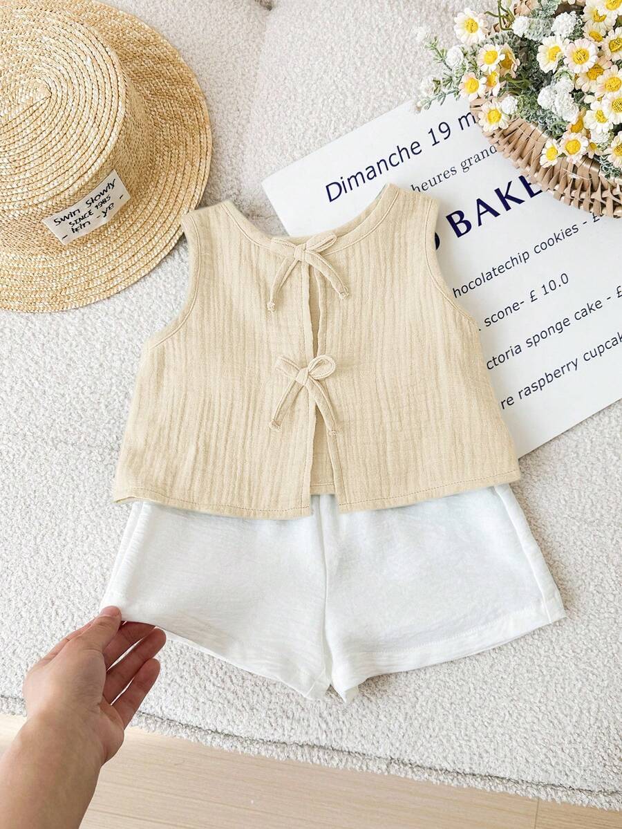 SHEIN LMoss Kids Áo vest mùa hè dễ thương, thoải mái, đa năng với nơ cho bé gái. - Màu be - Xem 1