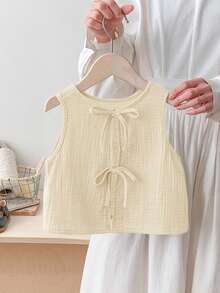 SHEIN LMoss Kids Áo vest mùa hè dễ thương, thoải mái, đa năng với nơ cho bé gái. - Màu be - Xem 8