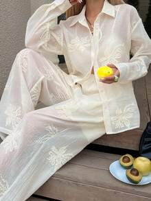 DAZY 女士宽松休闲衬衫和直筒裤两件套，春夏女士家居服套装 - 米色 - 查看 1