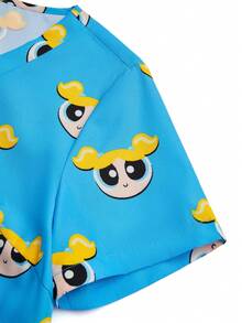 PopScrub THE POWERPUFF GIRLS X SHEIN 女士夏季亮蓝色印花短袖V领手术服上衣，卡通大眼睛口袋设计护士制服 - 藍色 - 查看 6