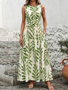 Solivie 度假休闲植物印花收腰无袖连衣裙 - 薄荷綠 - 查看 5