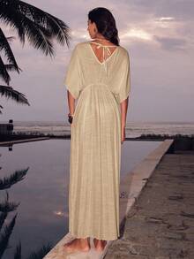 SHEIN Swim Chicsea 女士优雅金属扣褶裥深V领连衣裙，适合海滩度假 - 卡其色 - 查看 2