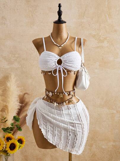Bellisia Conjunto de bikini de unicolor con nudo delantero y falda pareo para mujer, ideal para la playa de verano
