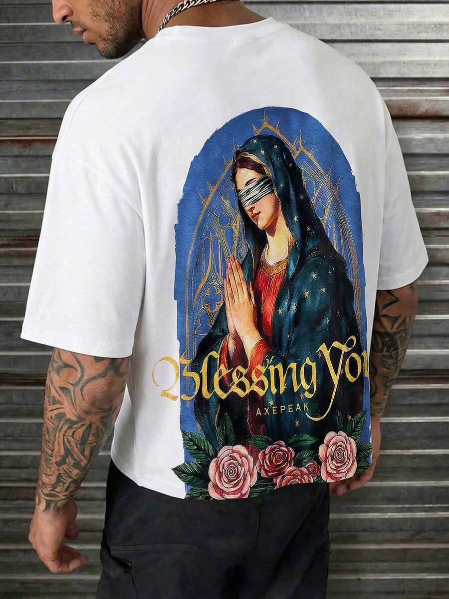 AXEPEAK Men's Graphic Print Round Neck Short Sleeve Casual T-Shirt - White - View 1