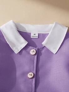 SHEIN 1pc Girls' Baby Purple Summer Family Matching Back-To-School Stripe Collared Waist-Cinched Mid-Length Short Sleeve Pleated Dress With Waist Belt - Purple - View 6