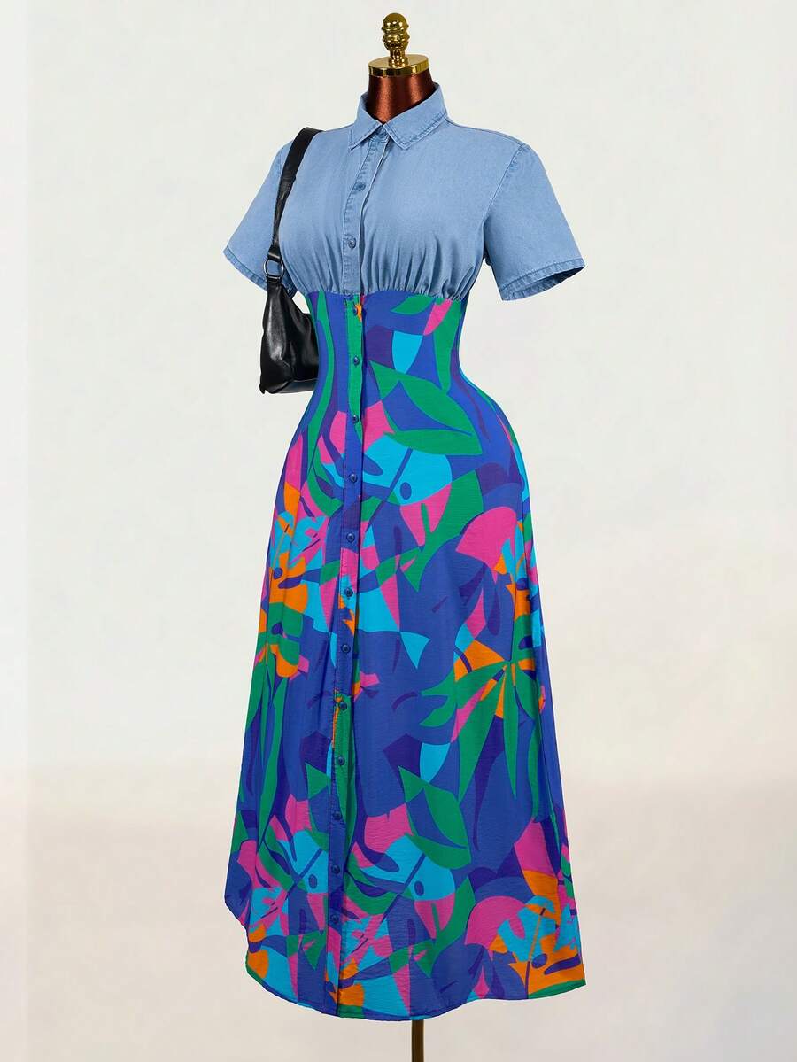 SHEIN Đầm denim tay ngắn, phối họa tiết lá cây, kiểu dáng thường ngày, mùa hè dành cho nữ, có thắt eo. - Màu xanh lam - Xem 1