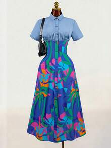 SHEIN Đầm denim tay ngắn, phối họa tiết lá cây, kiểu dáng thường ngày, mùa hè dành cho nữ, có thắt eo. - Màu xanh lam - Xem 6
